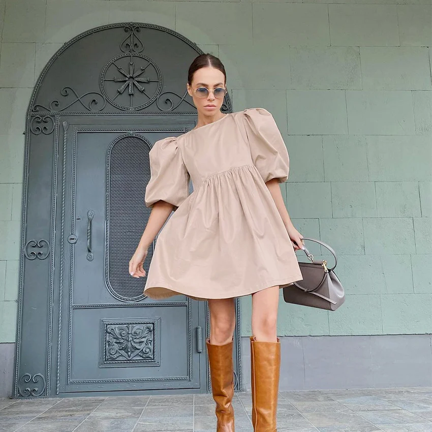 Temperament Bubble Sleeve Round Neck Five-Point Sleeve Cotton Loose Dress