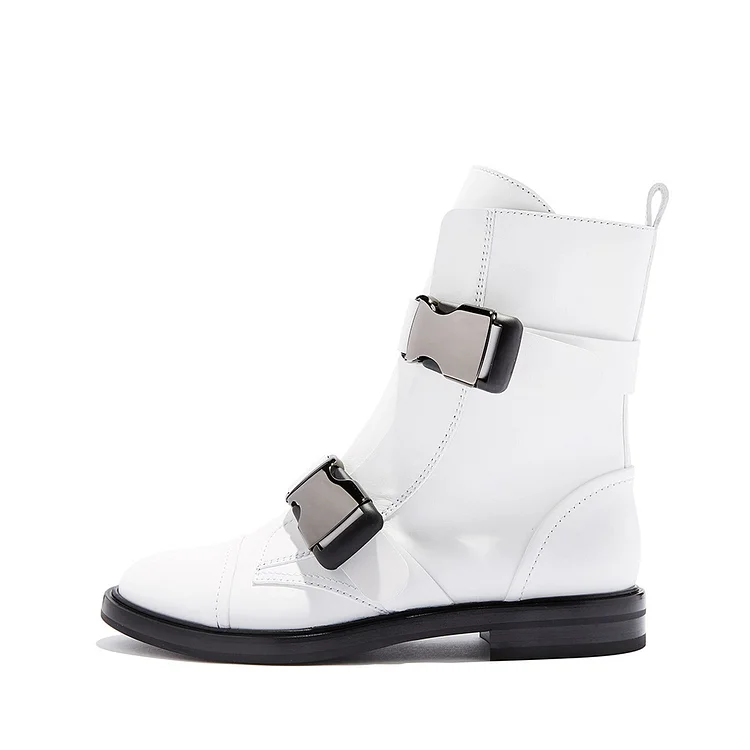 White Buckle Flat Boots Ankle Boots |FSJ Shoes