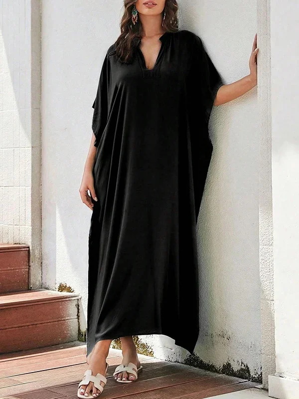 Batwing Sleeves Solid Color Split-Side V-Neck Beach Cover-Up Maxi Dresses
