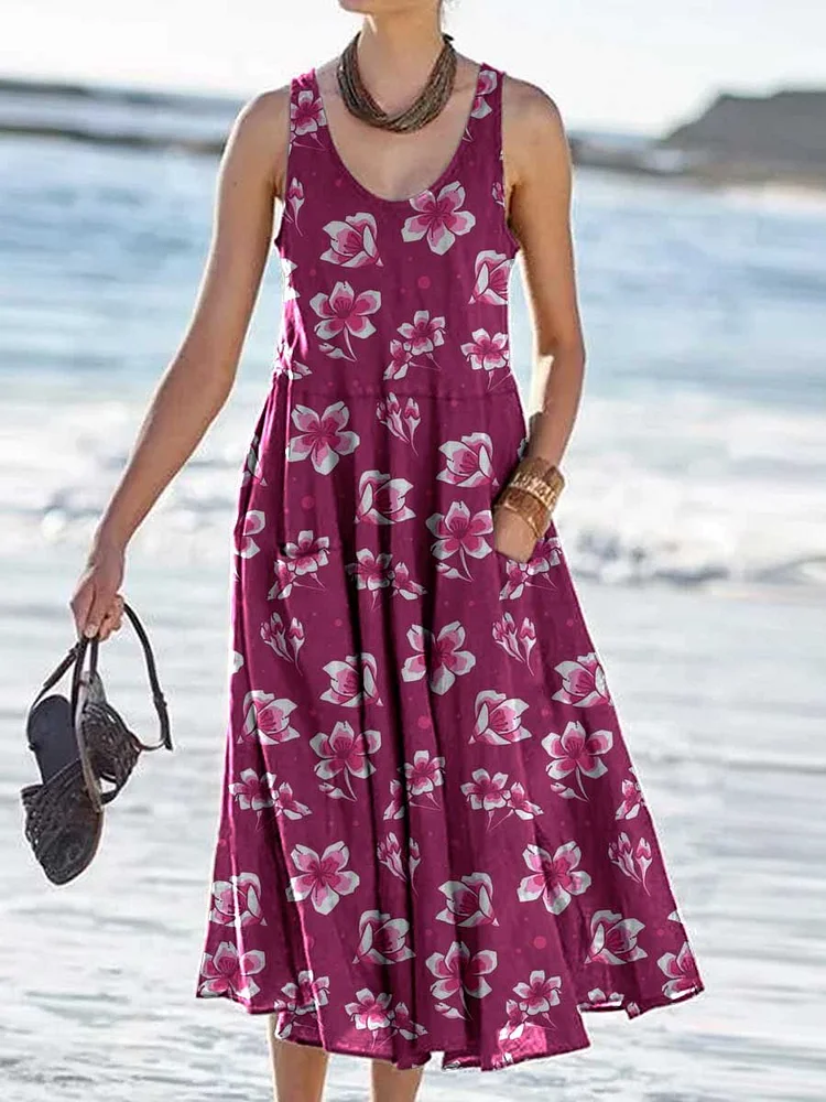 Women's Retro Floral Pattern Tank Top Dress with Pockets