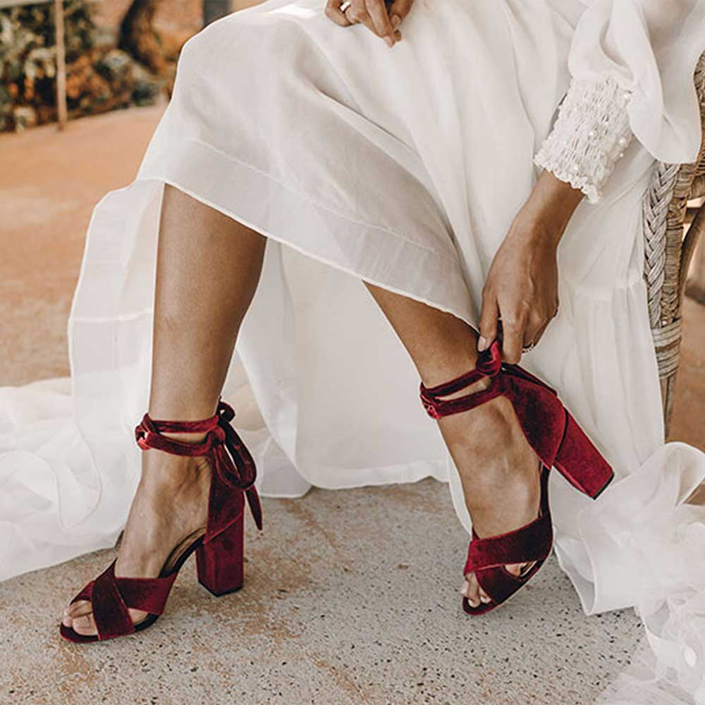 Red Velvet Open Toe Ankle Tie Wedding Sandals with Chunky Heel Nicepairs