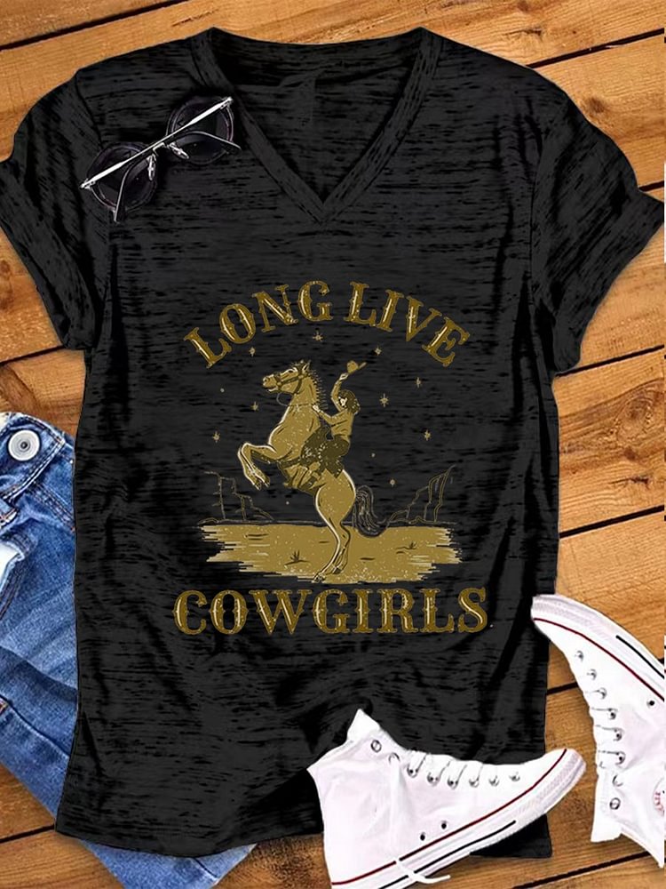 Women's Vintage Western Long Live Cowgirls Print Snowflake Dot T-Shirt