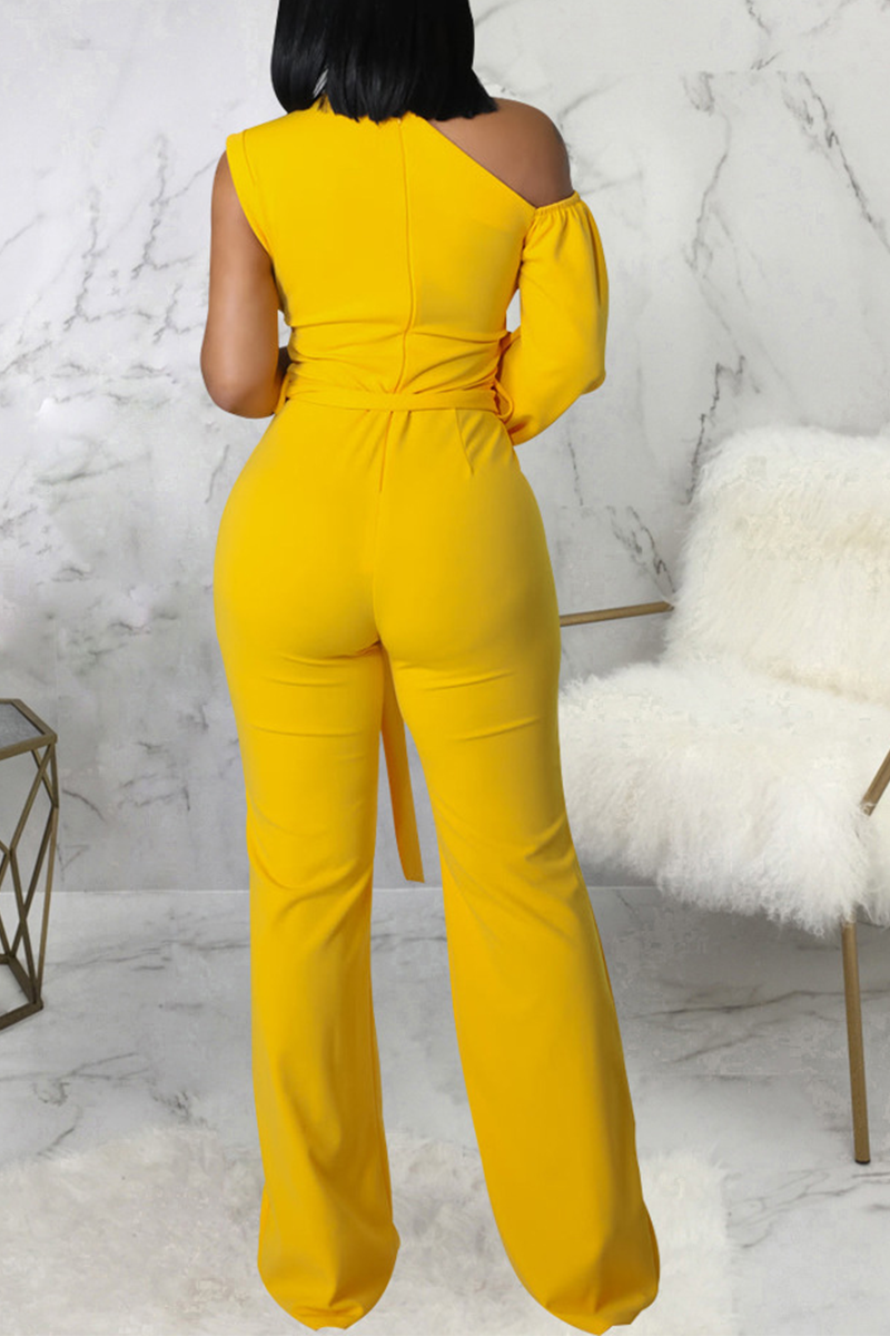 Casual Solid Patchwork One Shoulder Boot Cut Jumpsuits
