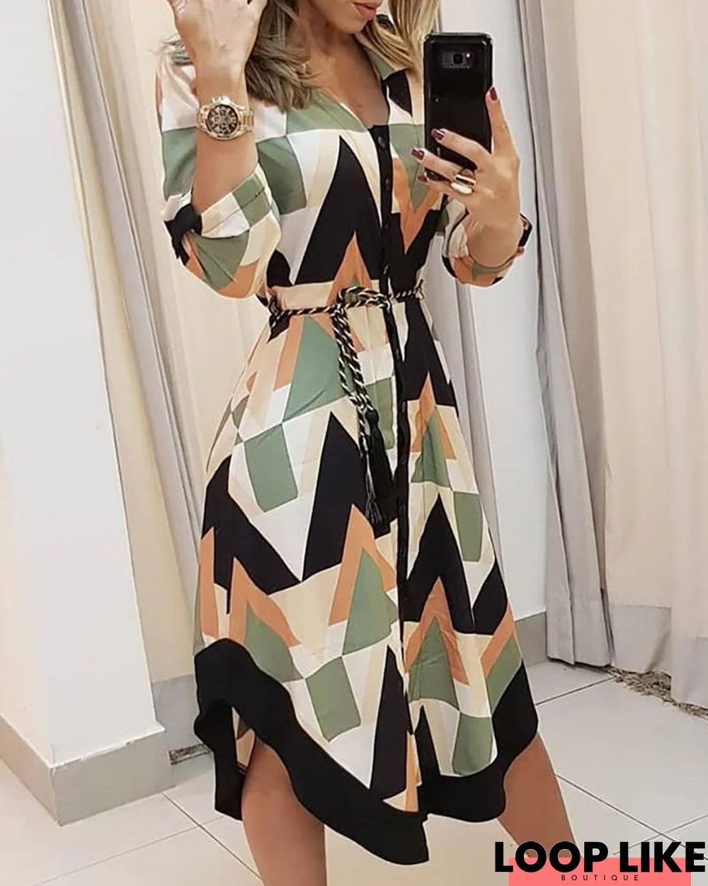 Color Blocked Geo Print Asymmetrical Shirt Dress