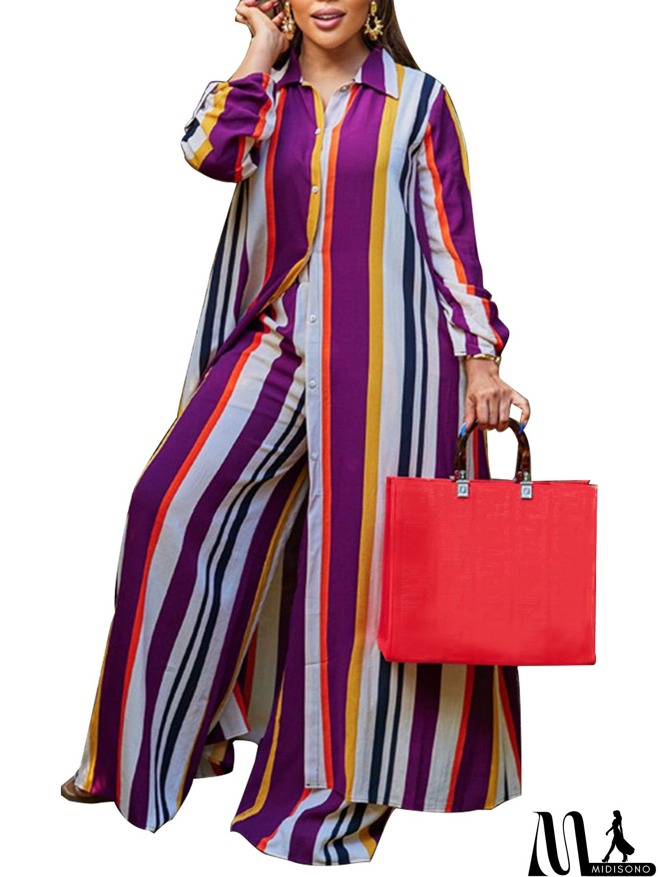 MidiSono - Women Fashion Loose Stripe Printed Long-Sleeved Top Wide-Leg Pants Plus Size Two-Piece Set