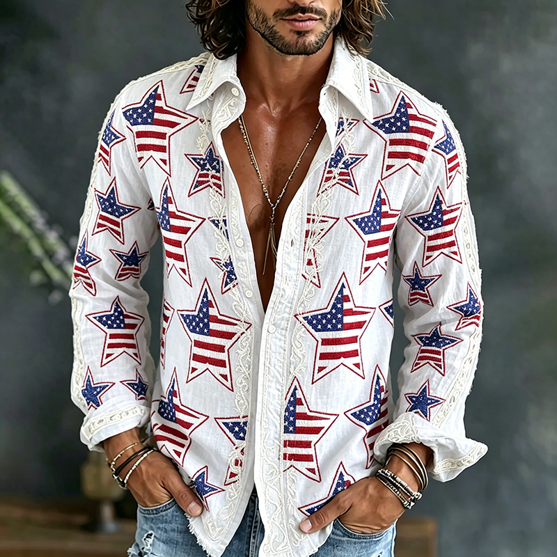  Men's Floral Flag Star Art Print Flowy Linen Blend Shirt Westsshops