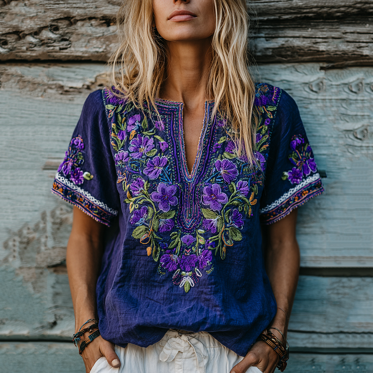 Utbros Women's Floral Embroidery Art Linen V-neck Shirt
