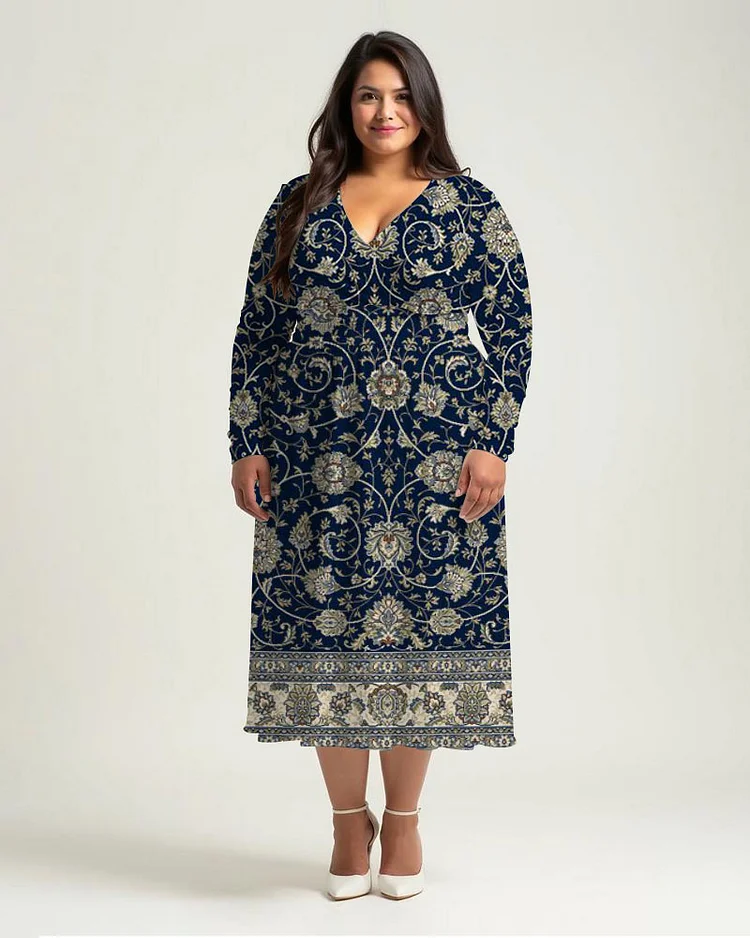 Plus Size Elegant Ethnic Pattern Print Wrap Midi Dress