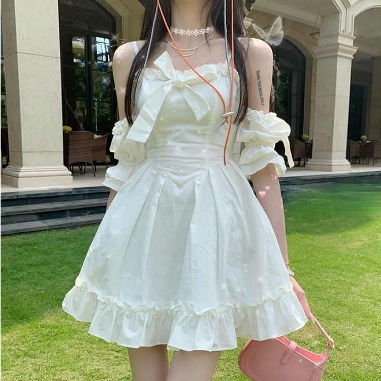 Fairy Strap White Off Shoulder Dress - Gotamochi Kawaii Shop, Kawaii Clothes