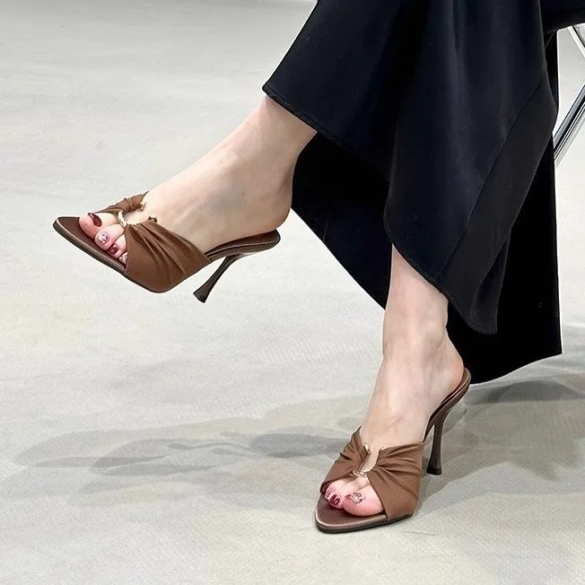 Yyvonne Spring And Summer New High-Heeled Metal Buckle Folded Tip-Toed Cool Slippers Sexy Fine And Lady Cloth Slippers