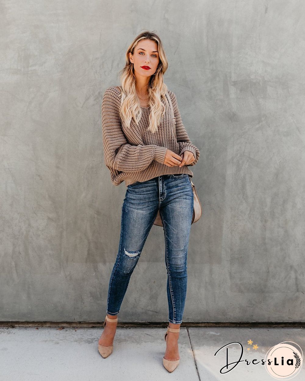 Indianred Loose Long Sleeve Knit V-Neck Sweater