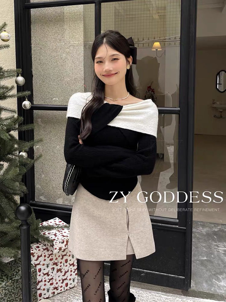 Harajuku Knitted Pullovers Patchwork Women Contrasting Colors Autumn Winter Slash Neck Sweater Korean Elegant Sweet Christmas