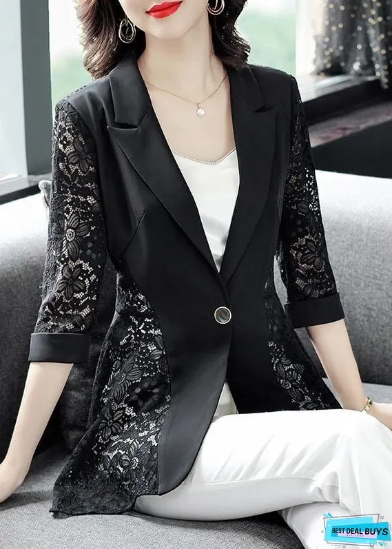 Stylish Black Notched Collar Lace Patchwork Hollow Out Spandex Coats Summer