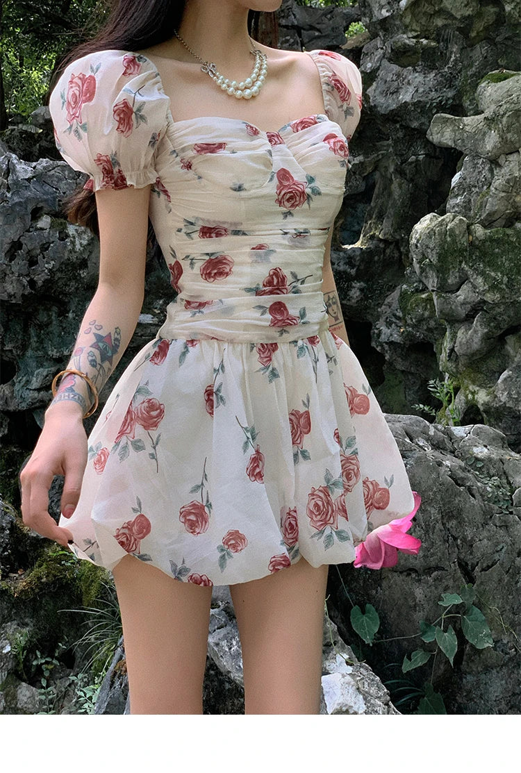Aiertu Sweet Floral Sexy Strap Dress Women Folds Designer Casual  Mini Fairy Dress Female 2024 Summer Puff Sleeve Korean Princess Dress Aiertu