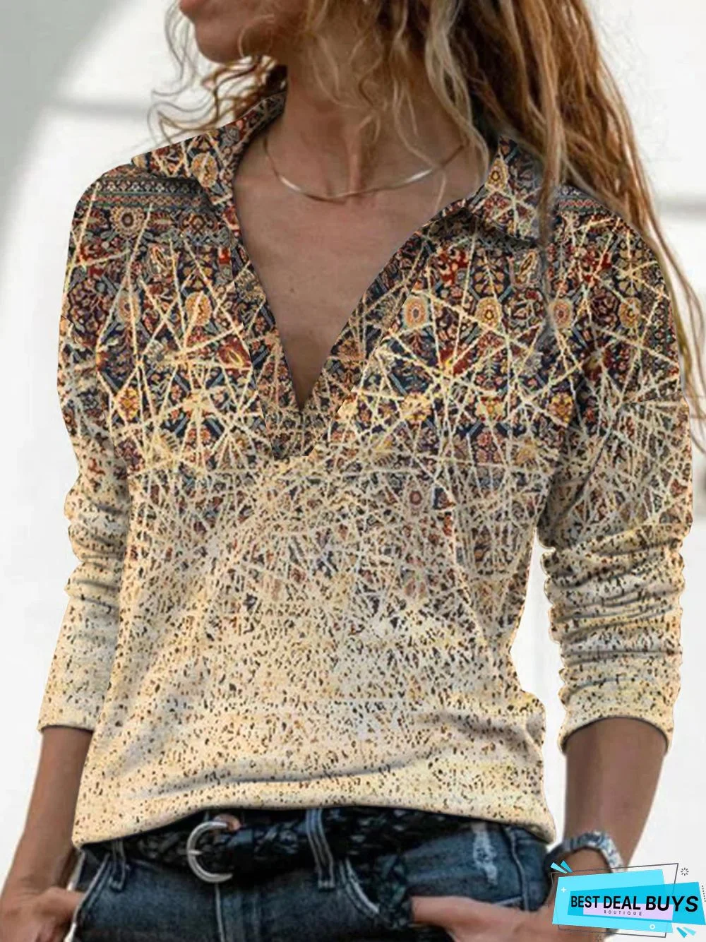 Long Sleeve Shawl Collar Cotton-Blend Paisley T-shirt