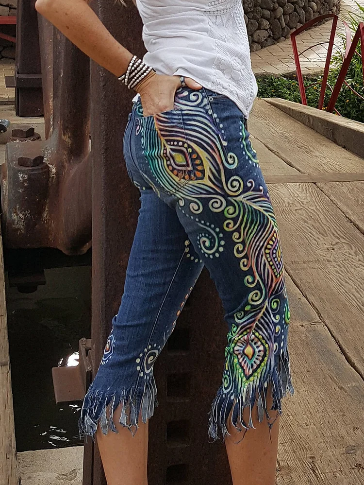Boho Peacock Feather Pattern Denim Fringed Crop Jeans