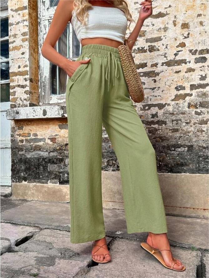 Mature Women Casual Pants With Pockets Elastic Drawstring High Waist Loose Trousers