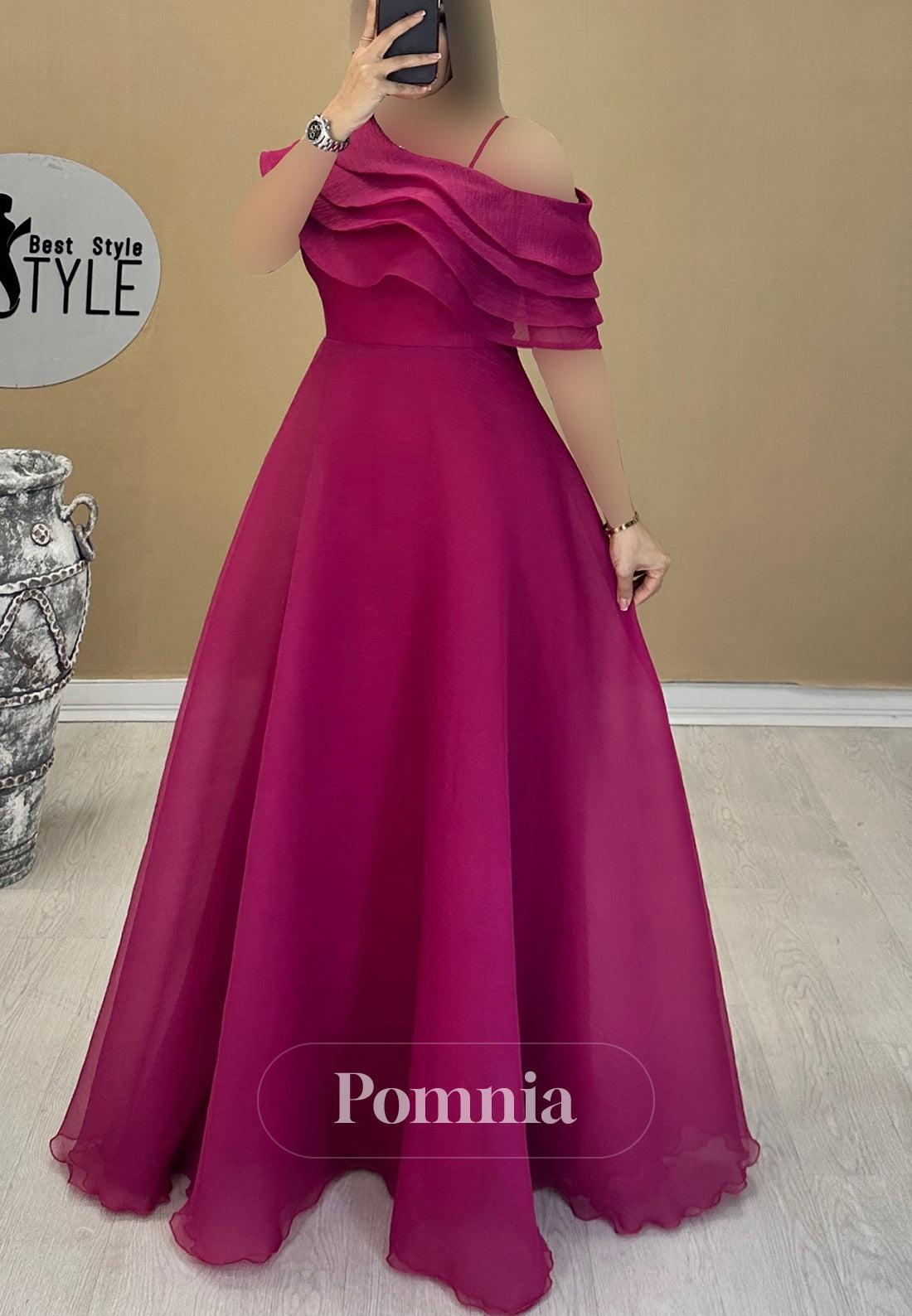 A-Line Cap Sleeves Ruffles Empire-Waist Evening Dress