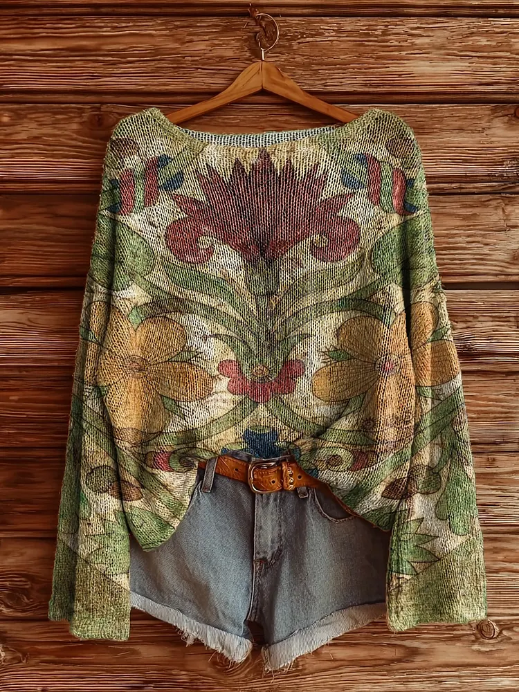 Women's Retro Ethnic Flowers Print Casual Pullover Sweater