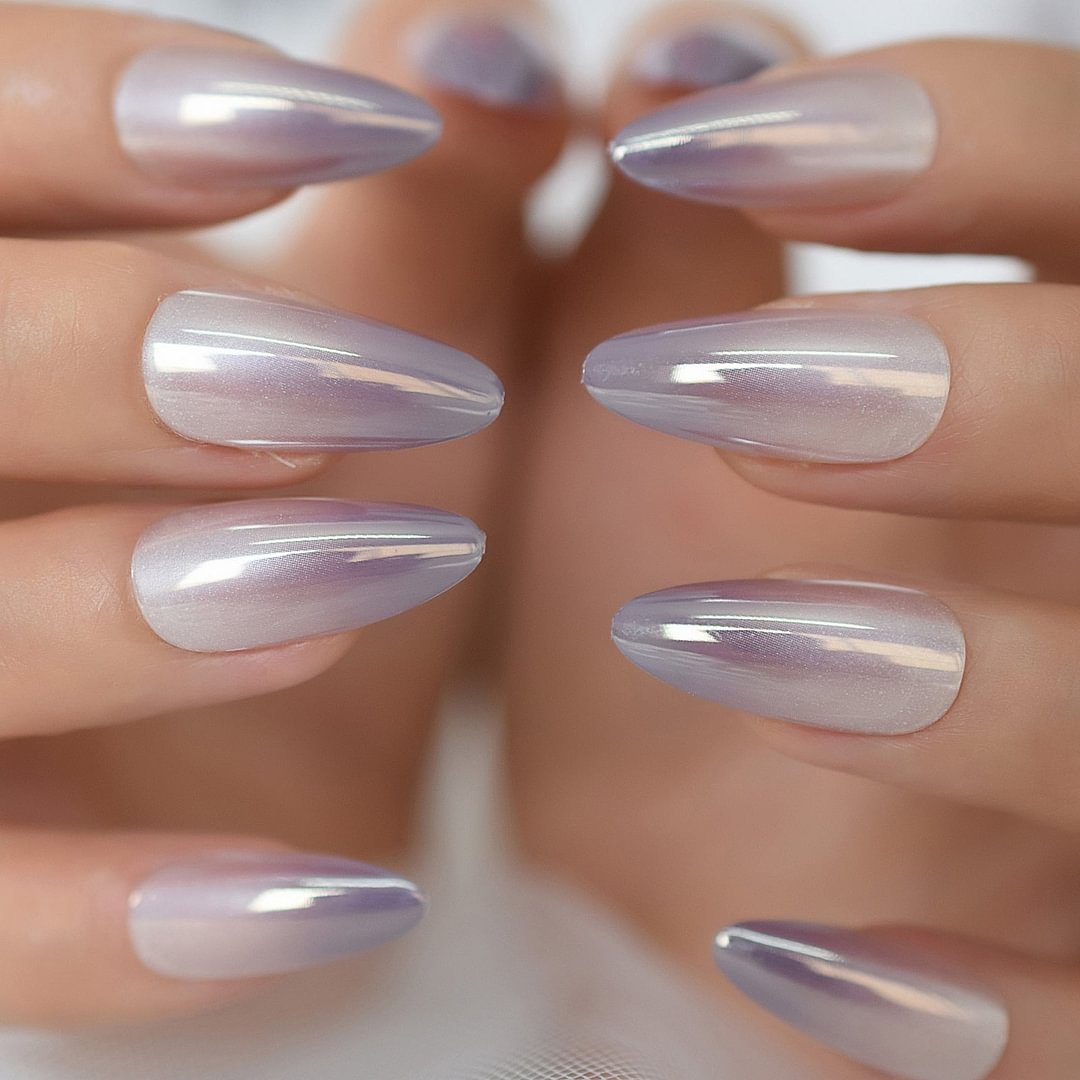 Gray Fadeing Glossy Press On Nails Almond Sharp Medium-Long Simple Design Gels Nails Supplies Full Cover Fingernails Wholesale