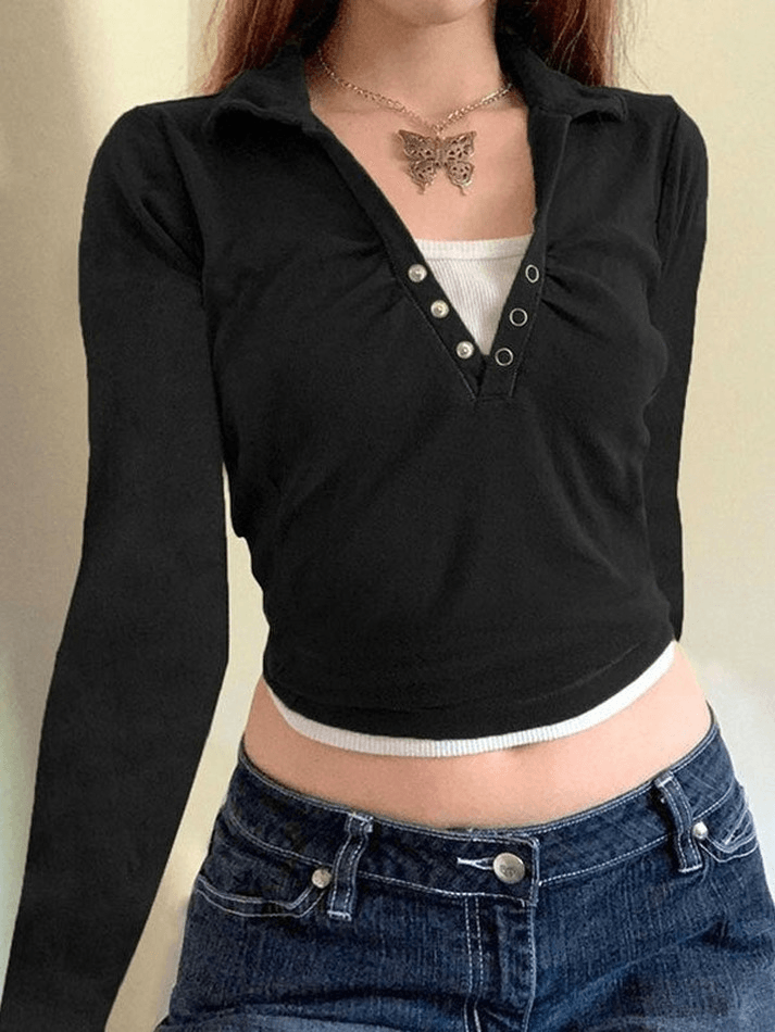 Polo Neck Buttoned Long Sleeve Crop Top