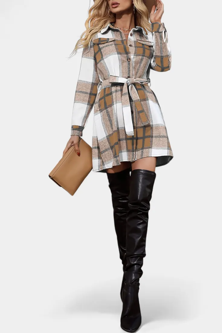 Plaid Shirt Dress with Tie Belt Waist