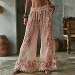 Vintage Boho Roses Embroidered Comfy Linen Pants - Image 2