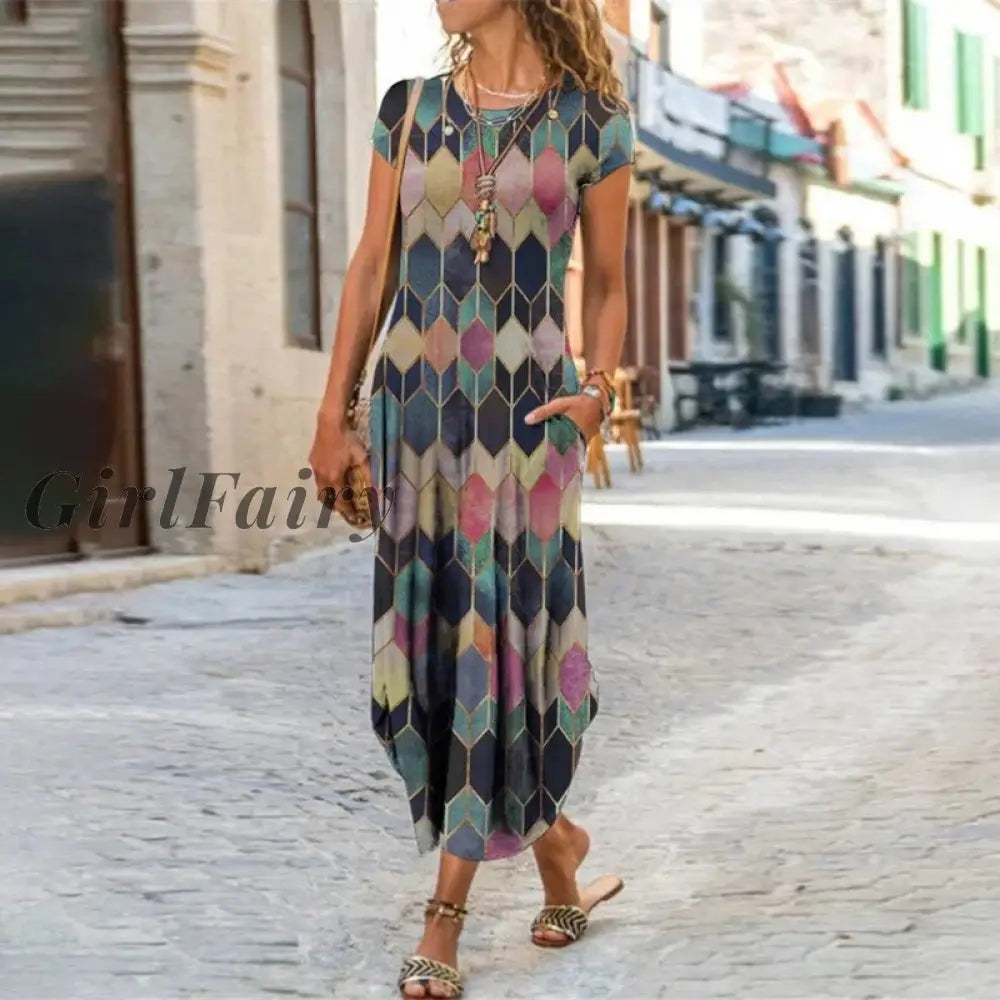 Girlfairy Retro Floral Print Dress Women Summer Short Sleeve Boho Long Beach Sundress Casual O-Neck