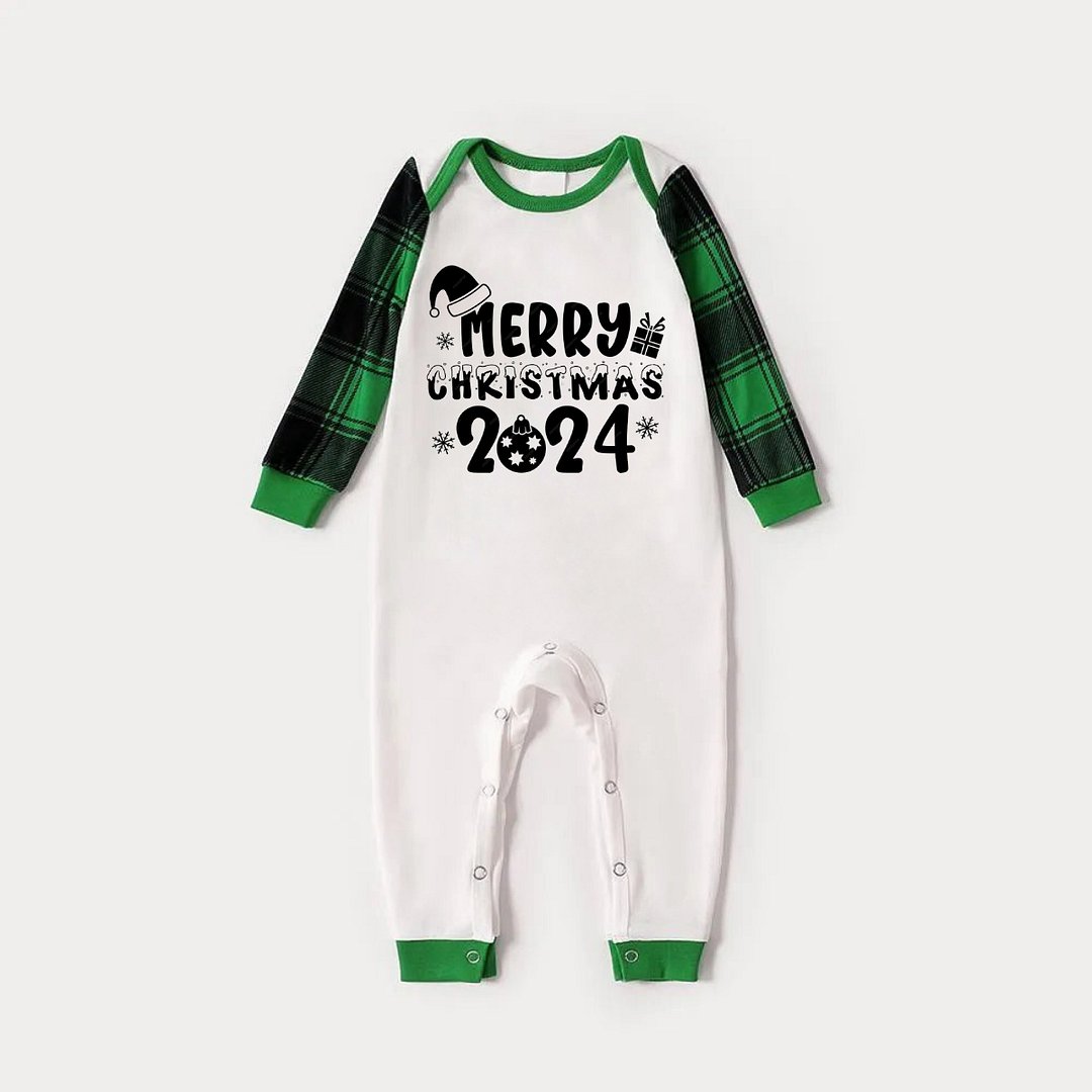 Merry Christmas 2024 Text Print Long Sleeve Top With Green & Black Plaid Christmas Matching Pajamas