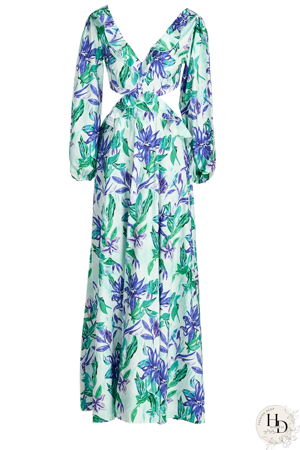 Green Casual Print Patchwork V Neck Cake Skirt Dresses