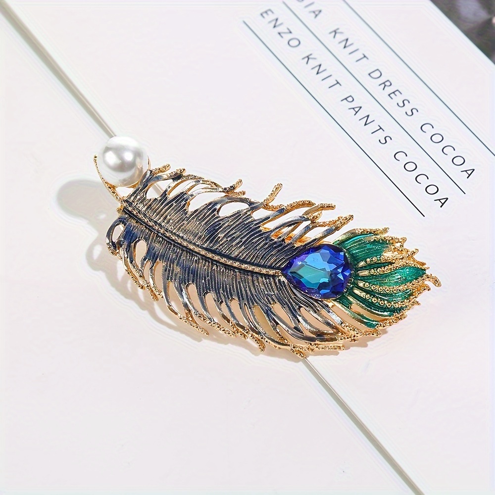 Vintage Elegant Feather Hair Clip with Imitation Pearls, Alloy Oblong Leaf Spring Barrette, Color Matching Hair Accessory for Women and Girls 14+, Single Piece
