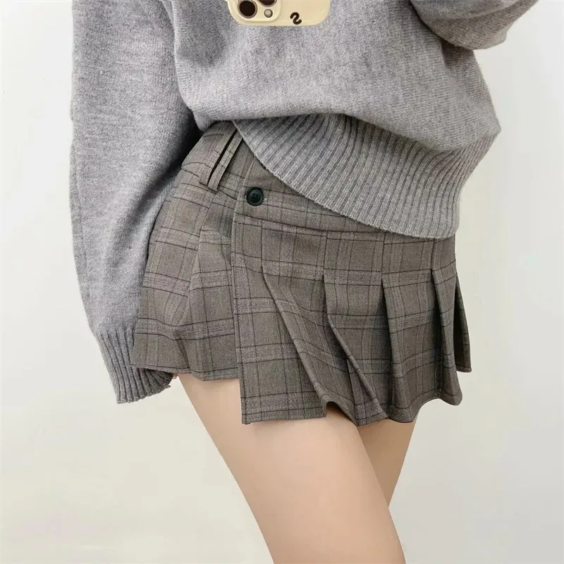Safety Shorts Lined Button Detail Plaid Pleated Skirt High Waist Casual Mini Skirt