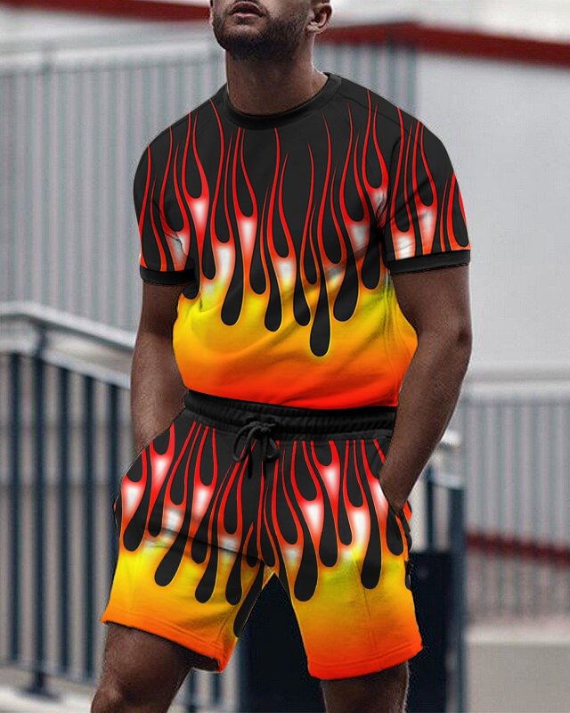 Men's Casual Flame Print Short Sleeve Two Piece