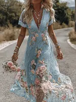 Women's Vintage Floral Embroidery V Neck Casual Midi Dress