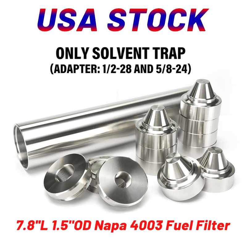 7.8''L 1.5"OD Napa 4003 Fuel Filter 1/2x28+5/8x24 Stainless Steel Solvent Trap Skirted Cups 1.375x24 Tube Built In Spacer with 1/2-28,.578x28,13.5x1LH Piston Booster