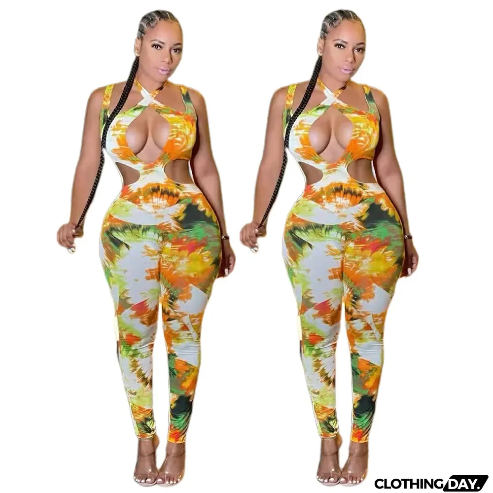 Women's Sleeveless Waist Cutout Fashion Print Tight Fitting Jumpsuit