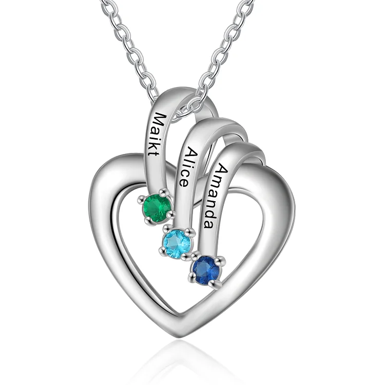Personalized Heart Necklace with Birthstone Engrave 3 Names Handmade Gifts For Her