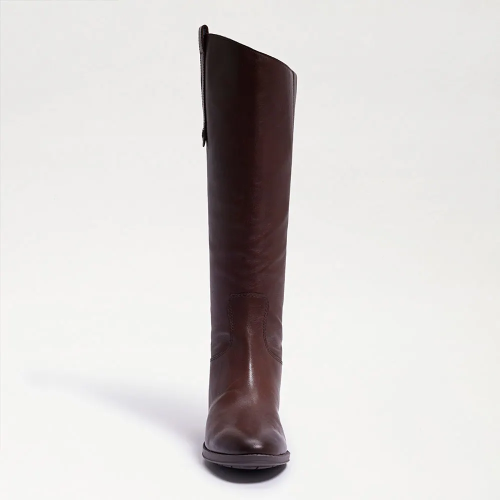 Women's Dark Brown Round Toe Back Zipper Pull Tab Knee High Boots
