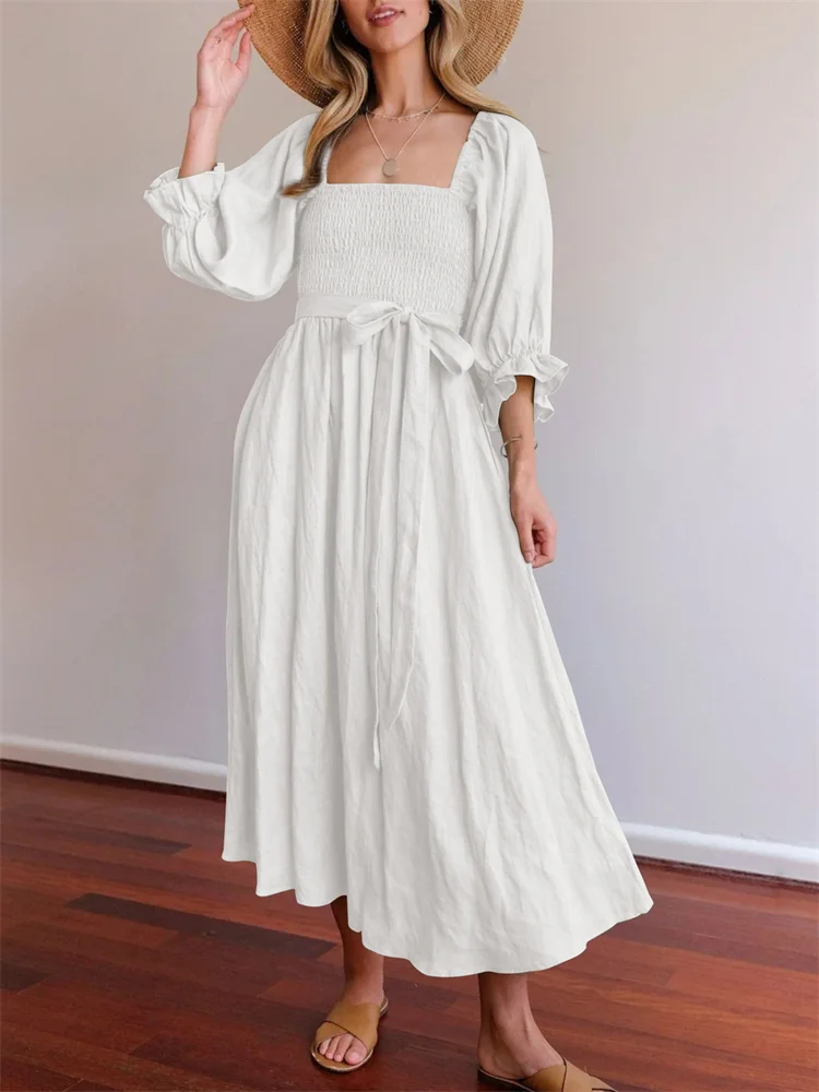 Elegant Ruffled Balloon Sleeve Midi Dress