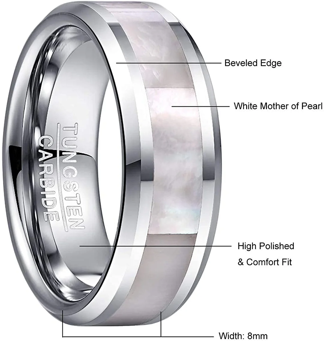 6MM 8MM Men ​Women Natural Abalone Shell Mother of Pearl Inlay Tungsten Wedding Bands For Beveled Edge