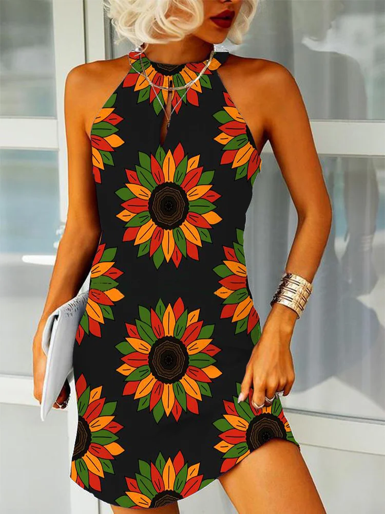 African Colors Sunflowers Graphic Halter Neck Mini Dress
