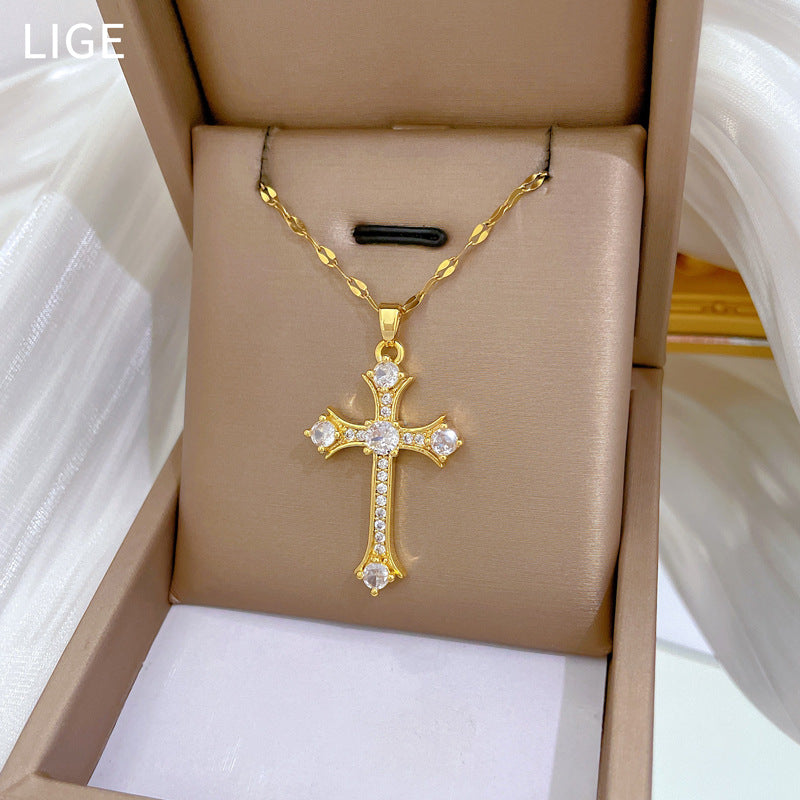 Cross Zircon Gorgeous Full Diamond Necklace Women’S Versatile Clavicle Chain Titanium Steel Chain