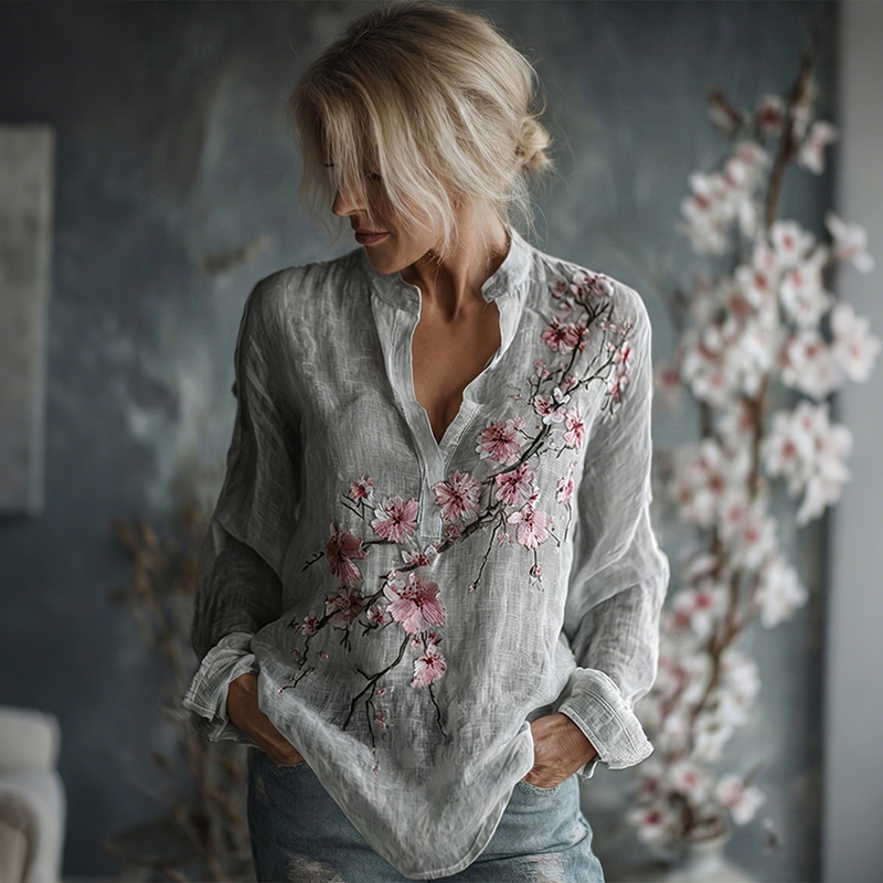 Women's Vintage Flowers Embroidered Linen Long Sleeve Shirt wearshes