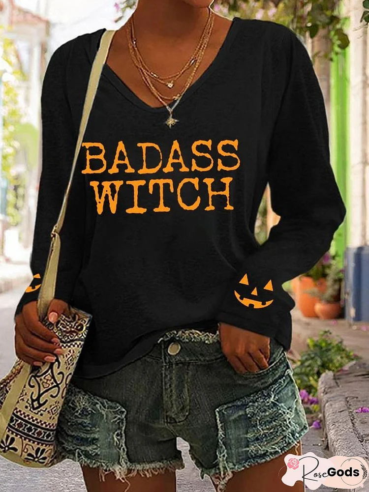 Halloween Text Letters V Neck Casual Regular Fit T-Shirt