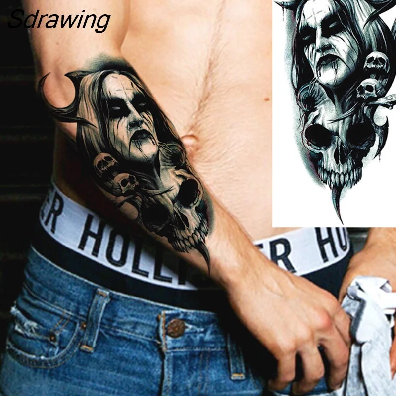 Sdrawing Warrior Punk Skeleton Gangster Rose Flower Temporary Tattoos For Women Men Lion Tiger Skull Rose Fake Tattoo Sexy Arm
