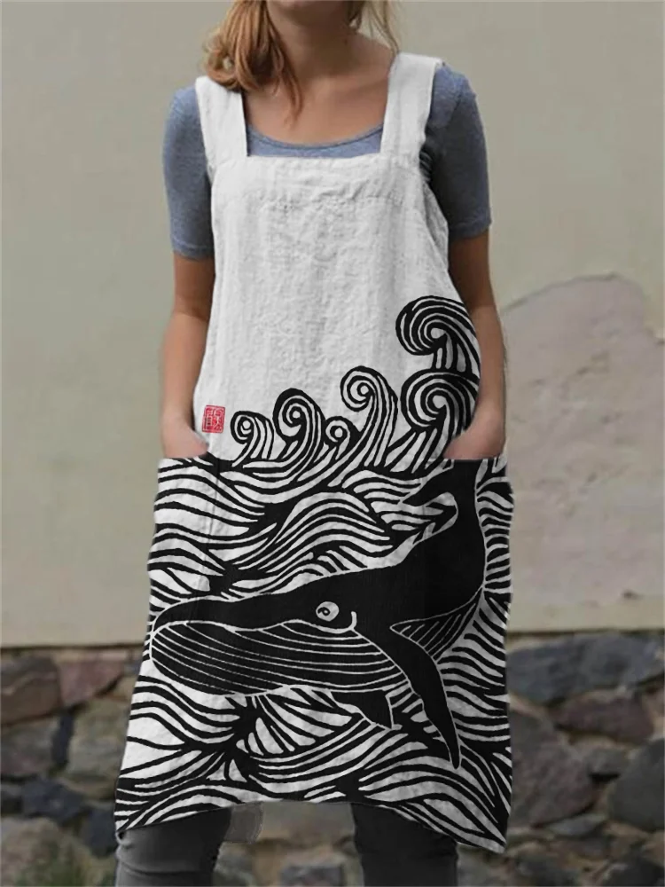 Whale & Waves Japanese Lino Art Utility Apron