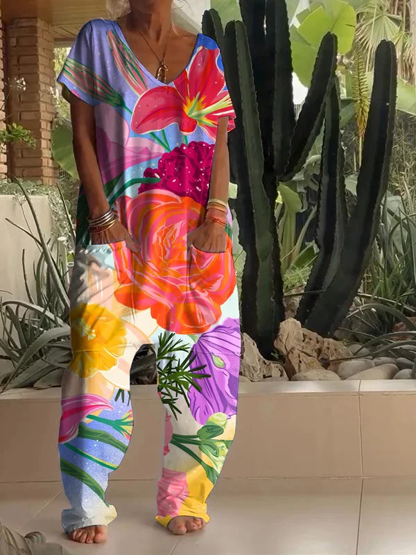 Casual Floral Print V-neck Jumpsuit