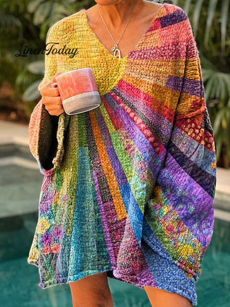 Women&rsquo;s Colorful Sun Collage Art Casual Pullover Sweater Multicolor / M