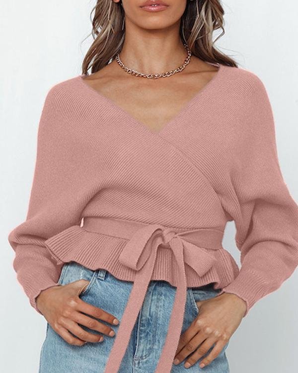 Sexy V-neck Halter Casual Lace-up Crop Knit Sweater - Chicaggo