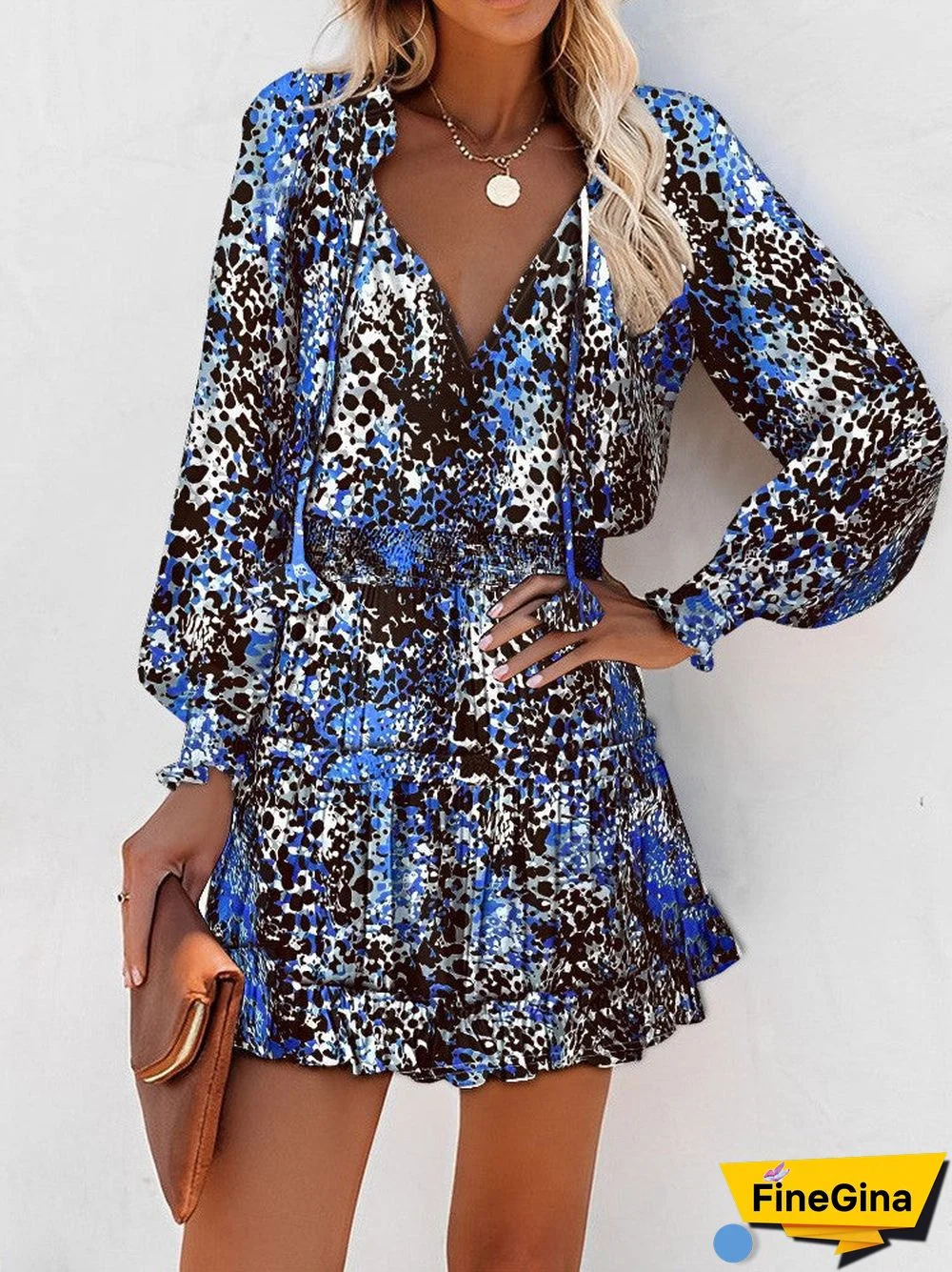 Women's Long Sleeve V-neck Printed Casual Dress